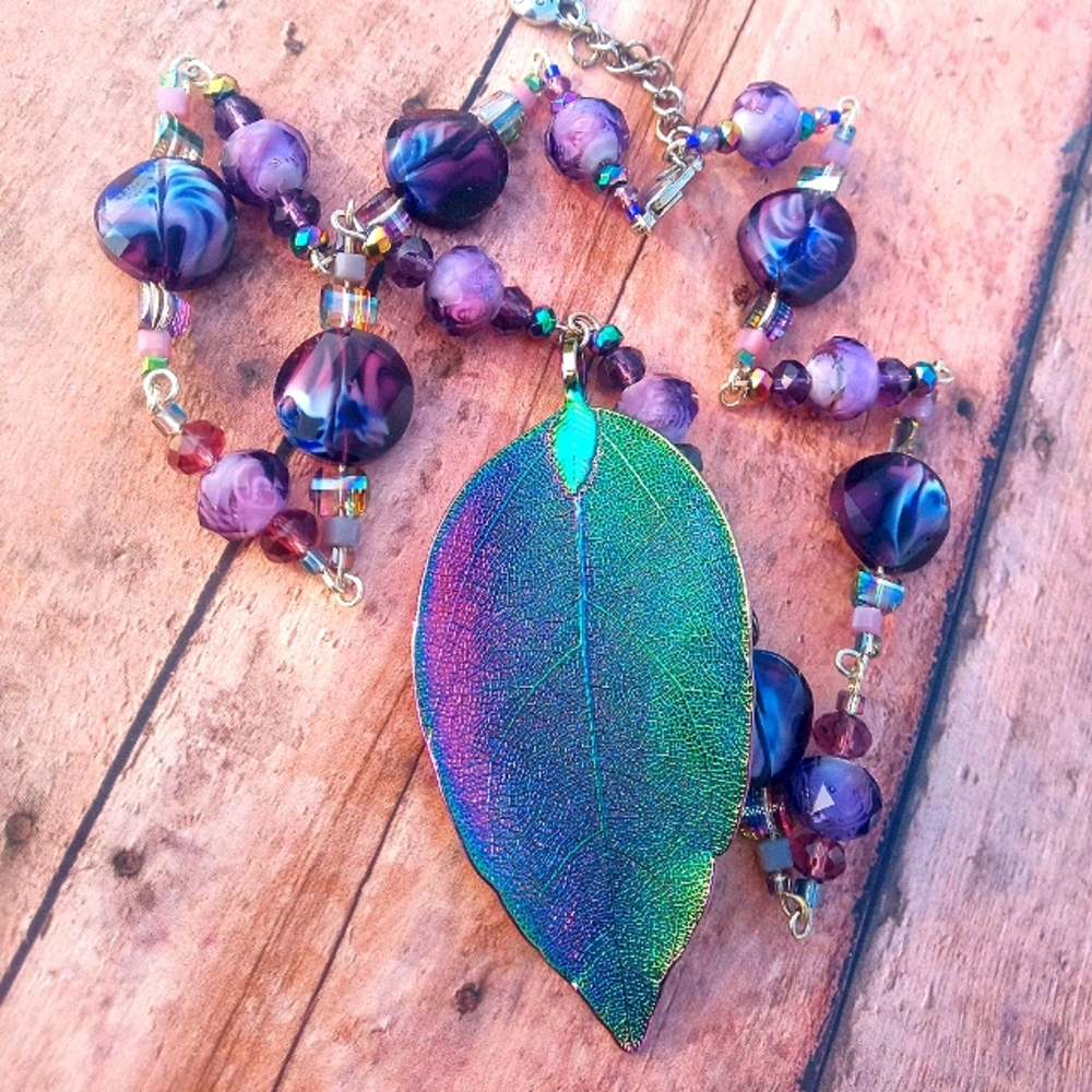 RNBW Leaf on Handmade/Beaded Chain Necklace